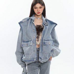 Asymmetric Design Denim Jacket - Y2K Fashion, Grunge Aesthetic, Coquette Style