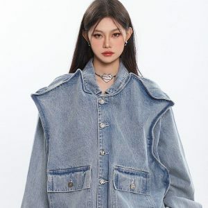 Asymmetric Design Denim Jacket - Y2K Fashion, Grunge Aesthetic, Coquette Style