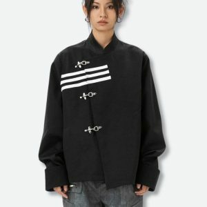 Asymmetric Frog Button Jacket - Y2K Fashion, Grunge Style, Coquette Aesthetic