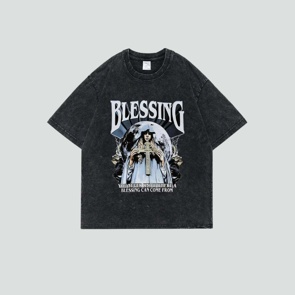 Blessing Tee: Y2K Fashion Oversized Graphic Tee for Coquette & Grunge Aesthetic