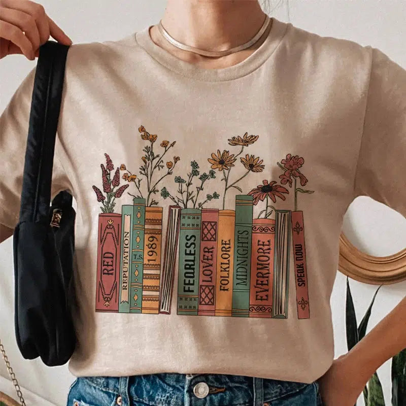 Books & Flowers Y2K Aesthetic Tee - Cute Oversized Graphic Shirt