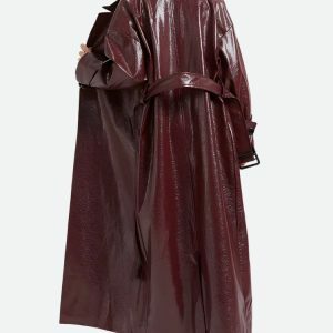 Burgundy Faux Leather Coat - Y2K Fashion, Grunge Style, Coquette Aesthetic