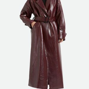 Burgundy Faux Leather Coat - Y2K Fashion, Grunge Style, Coquette Aesthetic