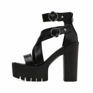 Chunky Round Buckle High Heels - Y2K Fashion & Grunge Aesthetic Style