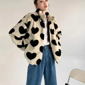 Coquette Aesthetic Heart Pattern Teddy Jacket for Y2K Fashion Lovers