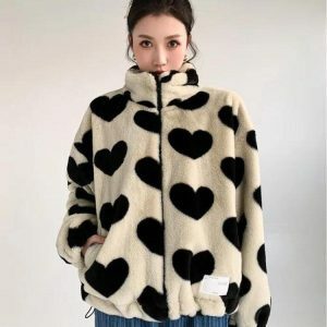 Coquette Aesthetic Heart Pattern Teddy Jacket for Y2K Fashion Lovers