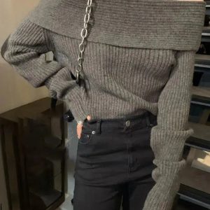 Coquette Aesthetic Off Shoulder Oversized Knitted Sweater - Y2K Fashion