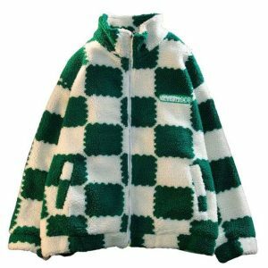 Coquette Aesthetic Plush Checkered Jacket for Y2K Fashion Lovers