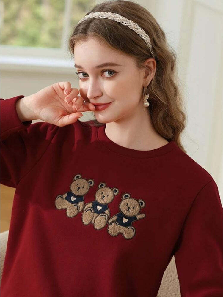 Coquette Aesthetic Teddy Bear Embroidered Oversized Sweatshirt