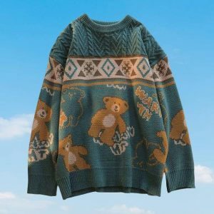 Coquette Aesthetic Teddy Bear Oversized Sweater - Y2K Fashion Essential