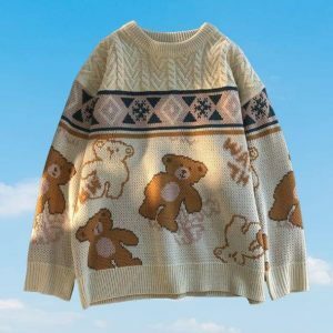 Coquette Aesthetic Teddy Bear Oversized Sweater - Y2K Fashion Essential