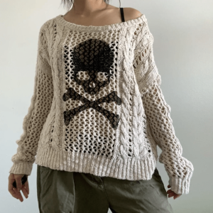 Coquette Aesthetic White Skeleton Oversized Knitted Sweater - Y2K Fashion