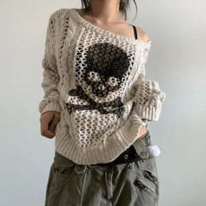 Coquette Aesthetic White Skeleton Oversized Knitted Sweater - Y2K Fashion