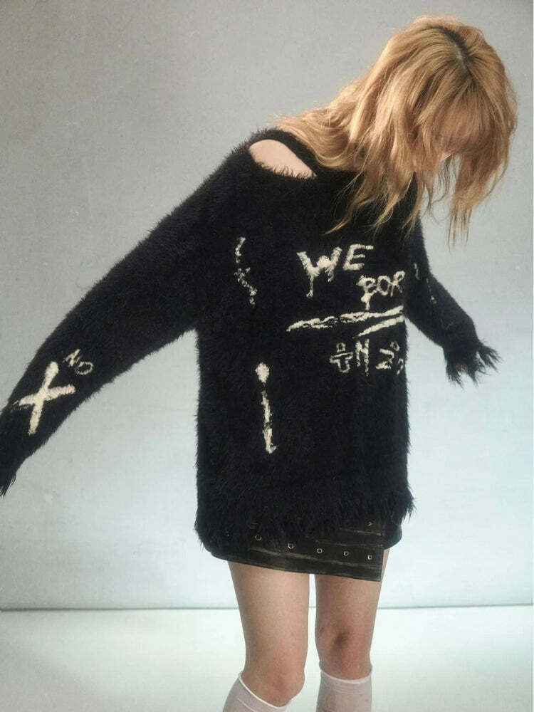 Coquette Grunge Fluffy Knitted Sweater - Y2K Aesthetic Oversized Style