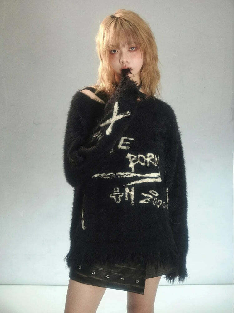 Coquette Grunge Fluffy Knitted Sweater - Y2K Aesthetic Oversized Style