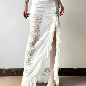 Coquette Lace Ruffled Slit Maxi Skirt | Y2K Fashion & Grunge Aesthetic