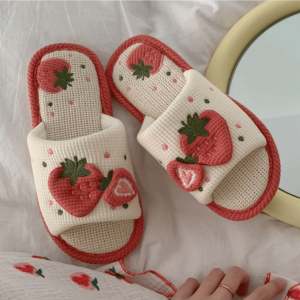 Coquette Strawberry Slippers - Y2K Fashion Cute Cozy Footwear