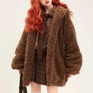 Coquette Teddy Bear Jacket - Y2K Fashion Oversized Aesthetic Outerwear