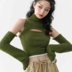 Coquette Y2K Fluffy Crop Sweater - Oversized Aesthetic Top for Emo Style