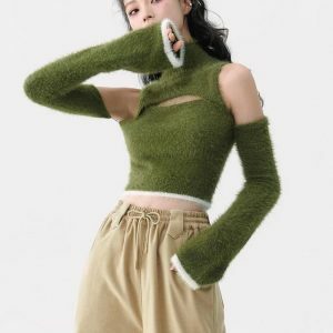 Coquette Y2K Fluffy Crop Sweater - Oversized Aesthetic Top for Emo Style