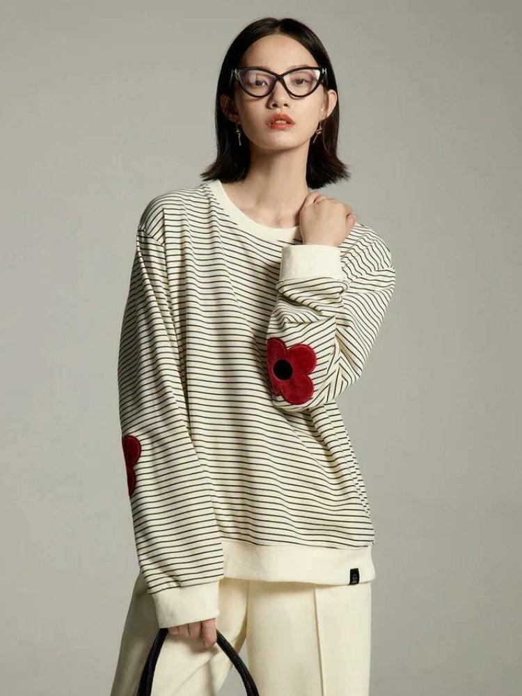 Daisy Embroidered Striped Oversized Sweatshirt - Y2K Fashion Essential