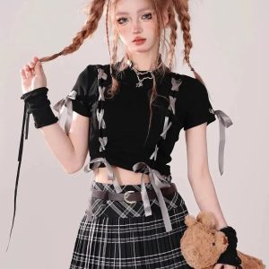 Dark Coquette Y2K Crop Top - Grunge Aesthetic Cute Shirt for Emo Girls