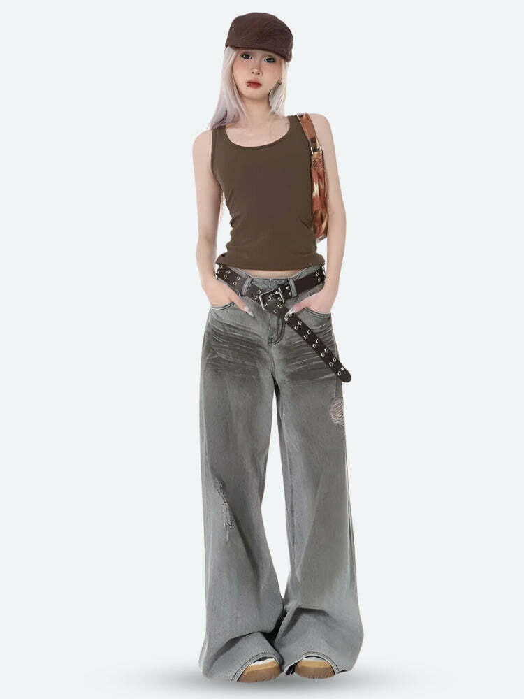 Distressed Wide Leg Jeans for Y2K Fashion, Grunge Style & Coquette Aesthetic