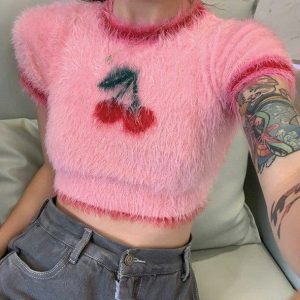 Fluffy Cherry Crop Top - Y2K Fashion, Coquette Aesthetic, Cute Style