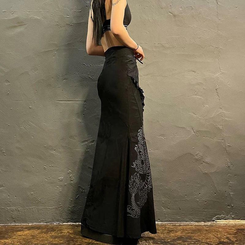 Gothic Dragon Print Y2K Maxi Skirt - Grunge & Coquette Aesthetic Fashion