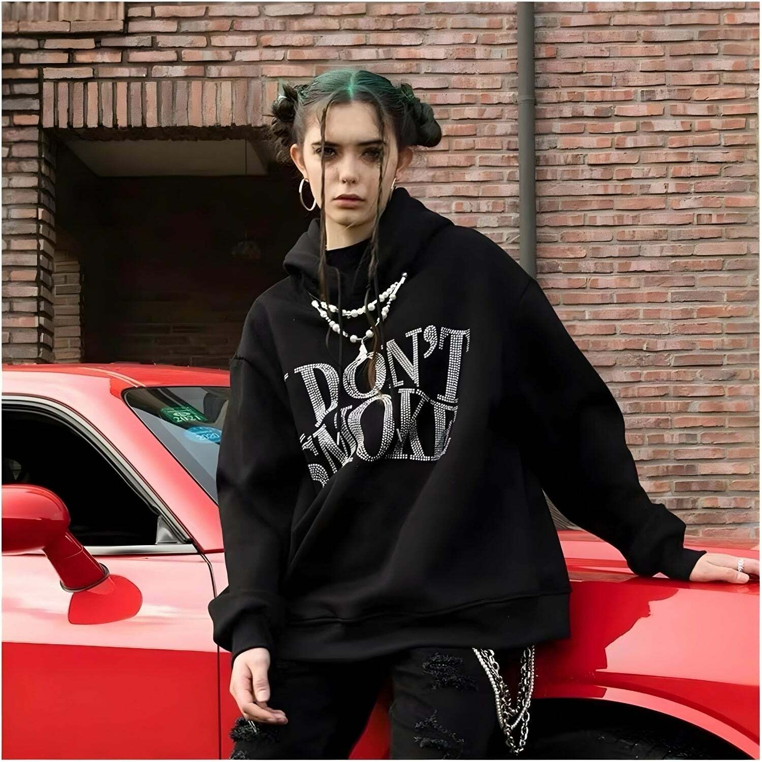 I Don't Smoke Rhinestone Hoodie - Y2K Fashion, Grunge Aesthetic, Coquette Style