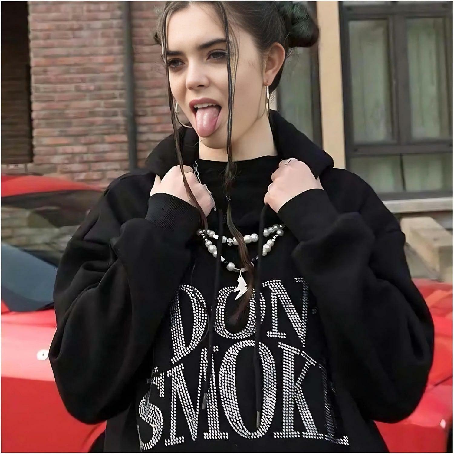 I Don't Smoke Rhinestone Hoodie - Y2K Fashion, Grunge Aesthetic, Coquette Style