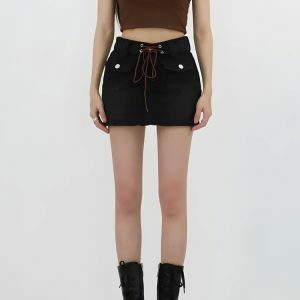 Lace Up Belted Denim Mini Skort - Y2K Fashion & Grunge Aesthetic Style