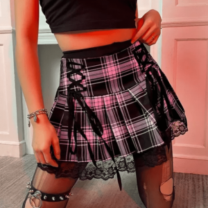 Lace Up Plaid Skirt - Y2K Fashion, Grunge Aesthetic, Coquette Style