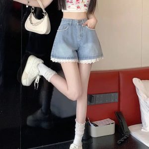 Lace Wide Leg Denim Shorts - Y2K Fashion, Grunge Style, Coquette Aesthetic