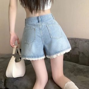 Lace Wide Leg Denim Shorts - Y2K Fashion, Grunge Style, Coquette Aesthetic