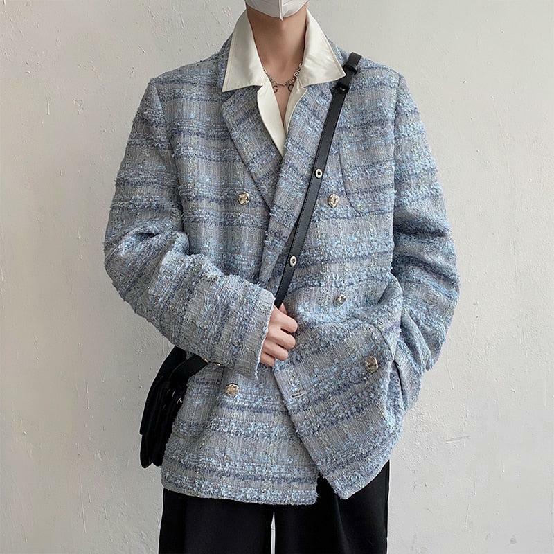 Lapel Collar Blue Tweed Blazer - Y2K Fashion Meets Coquette Aesthetic