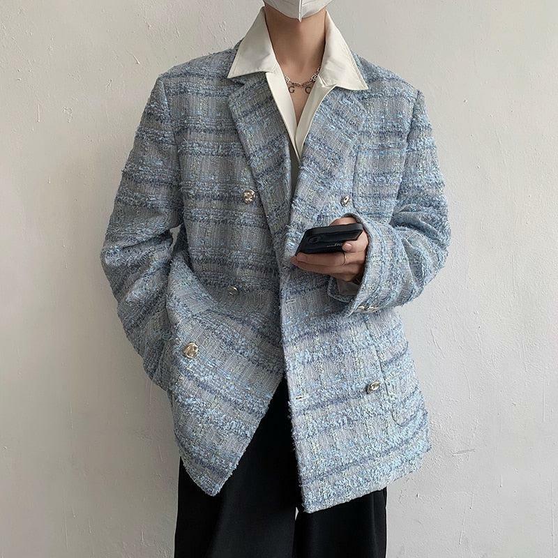 Lapel Collar Blue Tweed Blazer - Y2K Fashion Meets Coquette Aesthetic