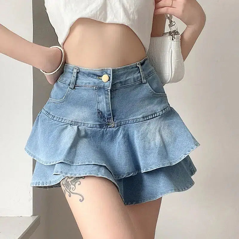 Layered Ruffled Denim Mini Skirt - Y2K Fashion, Grunge Aesthetic, Coquette Style