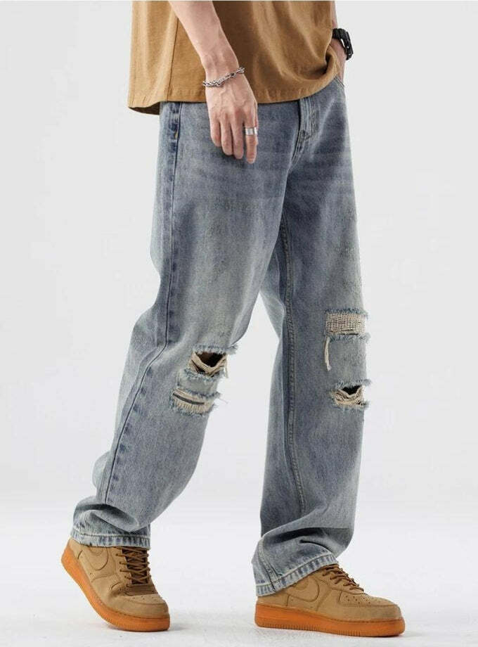 Light Wash Distressed Knee Jeans - Y2K Fashion & Grunge Aesthetic Style