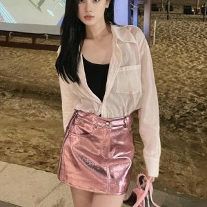 Metallic Faux Leather Mini Skirt - Y2K Fashion & Grunge Aesthetic