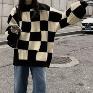 Oversized Checkered Sweater - Y2K Fashion, Grunge Aesthetic, Coquette Style