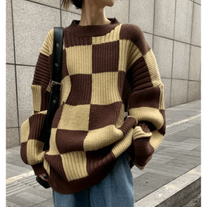 Oversized Checkered Sweater - Y2K Fashion, Grunge Aesthetic, Coquette Style