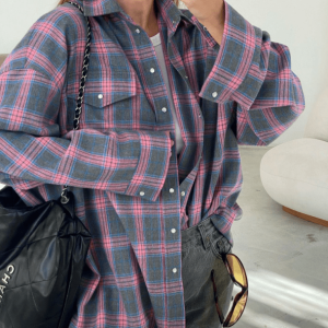 Oversized Pink Plaid Shirt - Y2K Fashion, Grunge Aesthetic, Coquette Style