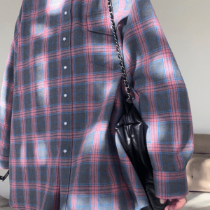 Oversized Pink Plaid Shirt - Y2K Fashion, Grunge Aesthetic, Coquette Style