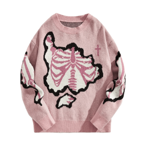 Pastel Pink Skeleton Oversized Sweater - Y2K Fashion & Grunge Aesthetic