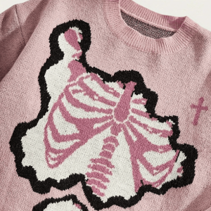 Pastel Pink Skeleton Oversized Sweater - Y2K Fashion & Grunge Aesthetic