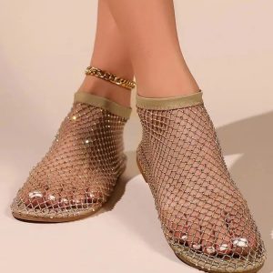 Rhinestone Fishnet Ballerina Flats - Y2K Fashion, Coquette Aesthetic Shoes