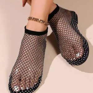 Rhinestone Fishnet Ballerina Flats - Y2K Fashion, Coquette Aesthetic Shoes