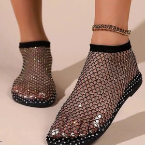 Rhinestone Fishnet Ballerina Flats - Y2K Fashion, Coquette Aesthetic Shoes