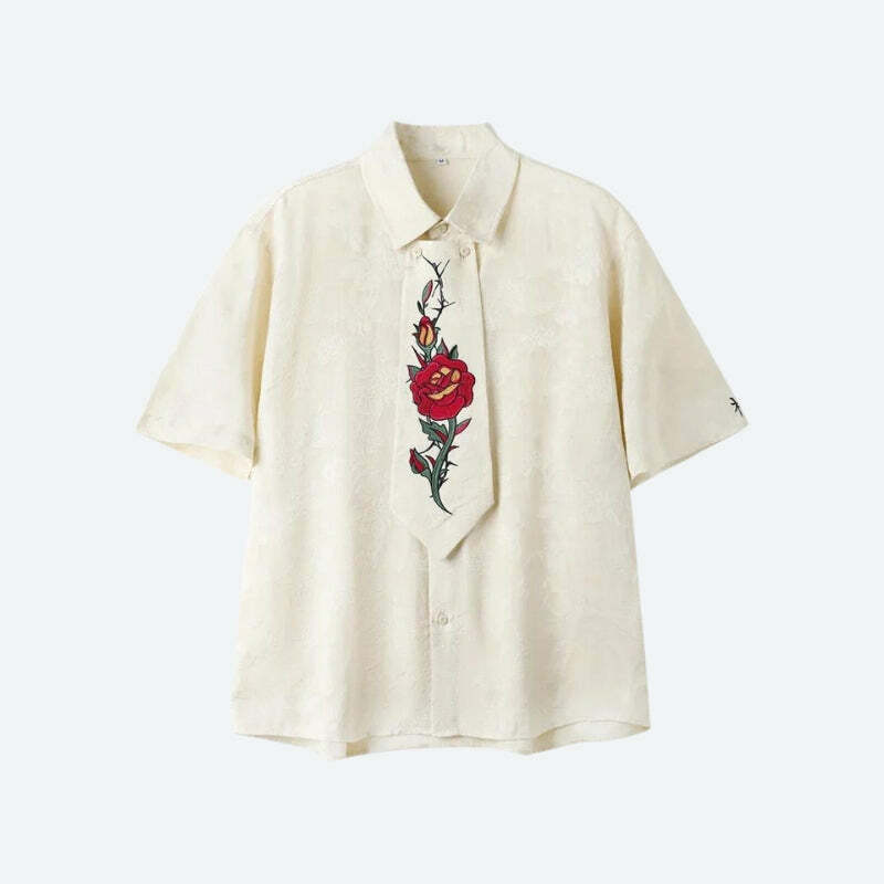 Rose Embroidery Tie Shirt - Y2K Fashion Meets Coquette Aesthetic Style